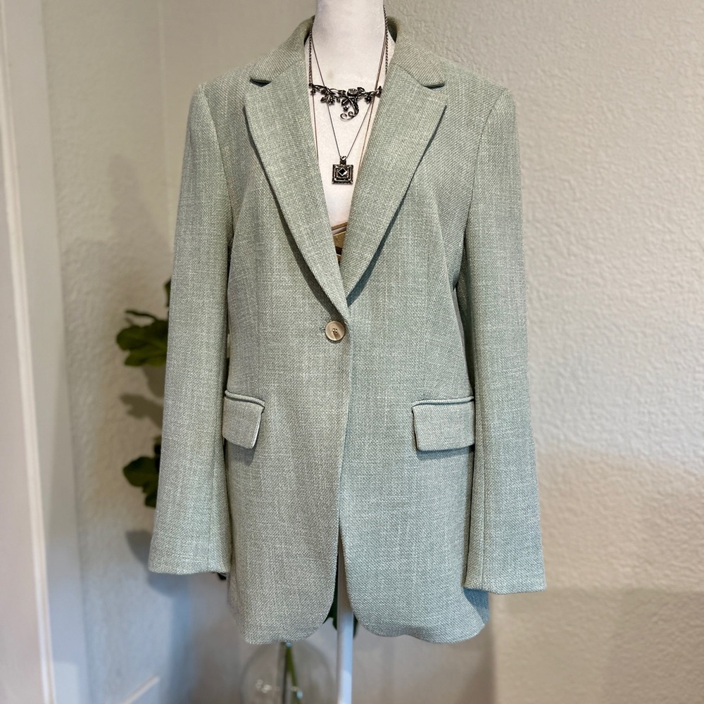 H&M Sage Green Textured Single-Button Blazer - Size Medium - EU 42
